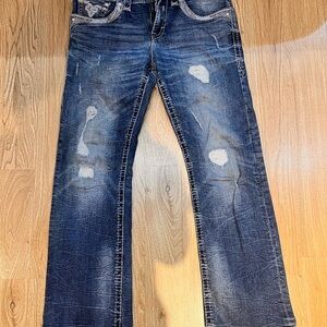 Rock Revival Blue Bootcut Jeans with Distressed Details